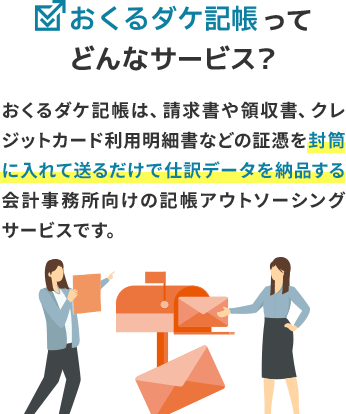 おくるダケ記帳ってどんなサービス？おくるダケ記帳は、請求書や領収書、クレジットカード利用明細書などの証憑を封筒に⼊れて送るだけで仕訳データを納品する会計事務所向けの記帳アウトソーシングサービスです。
